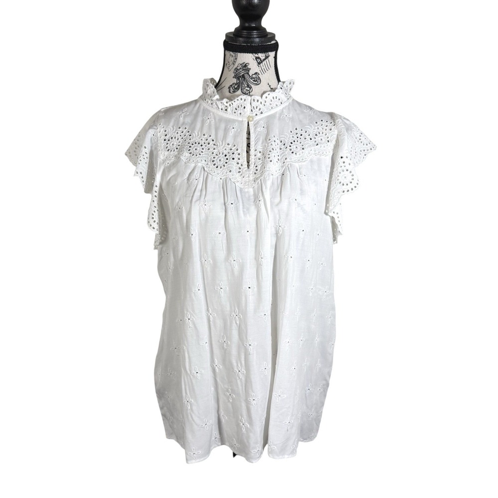 LOFT Women Large White Eyelet Embroidered Flutter Sleeve Tunic Top Boho L Summer - Picture 2 of 7